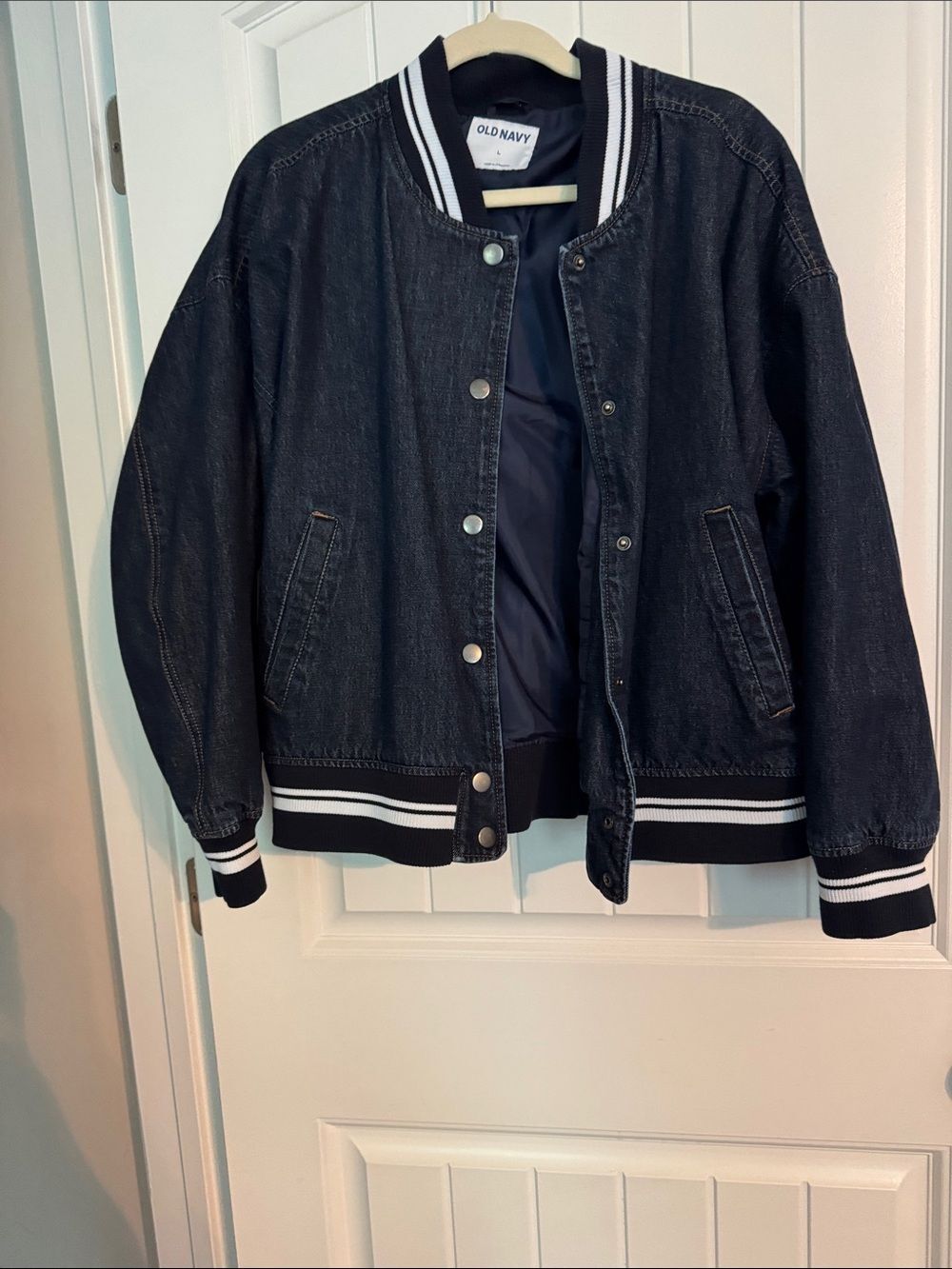 Old Navy Blue Denim Bomber Jacket with White Striped Trim
